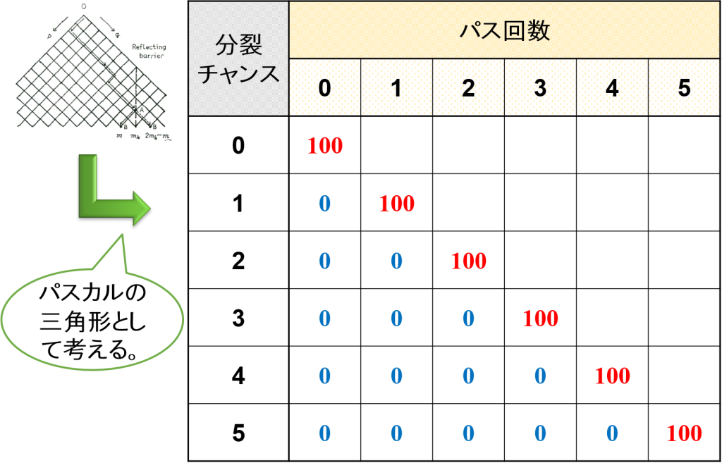 パスカルの三角形とパス回数（分裂確率100%）