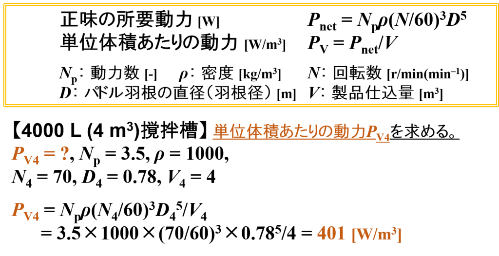 パドルミキサーの計算例⑵（4 m3 → 12 m3仕込み・単位体積あたりの動力～回転数）1