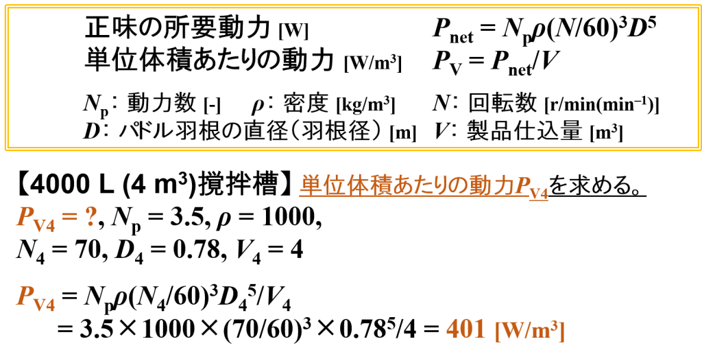 パドルミキサーの計算例⑵(4 m3 → 12 m3仕込み・単位体積あたりの動力~回転数)1