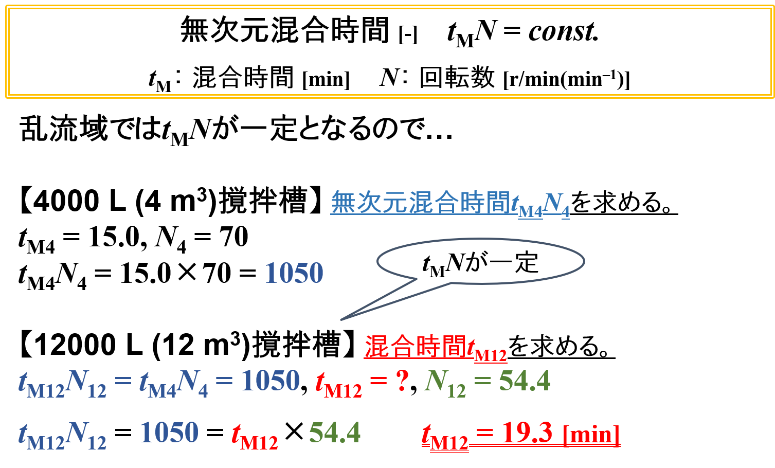 パドルミキサーの計算例⑹（4 m3 → 12 m3仕込み・無次元混合時間～混合時間）
