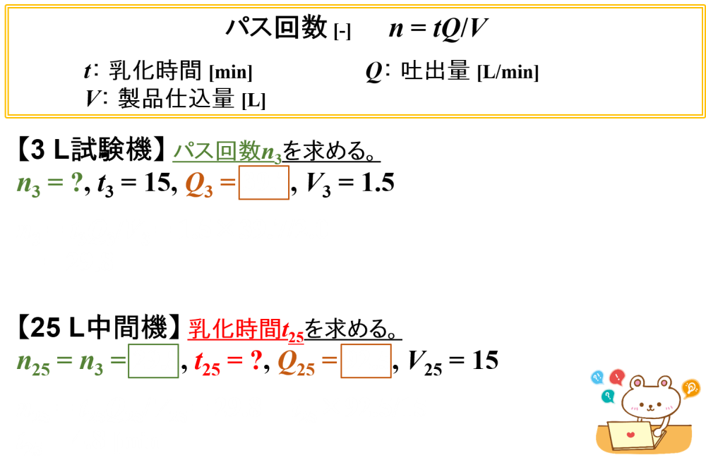 ホモミキサーの計算例⑹（1.5 L → 15 L仕込み・パス回数）