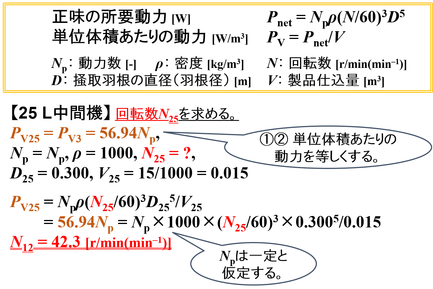 掻取ミキサーの計算例⑴（1.5 L → 15 L仕込み・単位体積あたりの動力～回転数）2