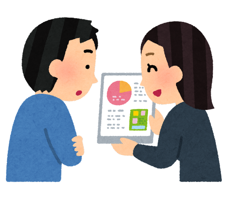 タブレットで説明する人
